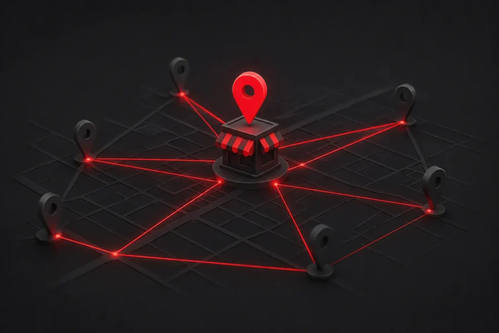 Agencia o Freelancer para tu Página Web: Cómo Elegir en 2026 2 Pines de ubicación y líneas de red geométricas representando visibilidad de un negocio en Google