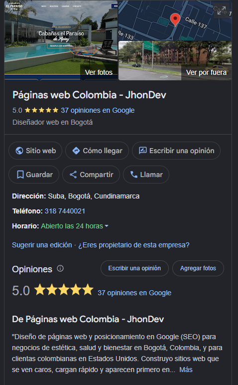 Contratar Diseño Web Profesional: Qué Debes Exigir Antes de Pagar 4 Ficha de Google Business de JhonDev con calificación 5.0 estrellas y 37 reseñas reales